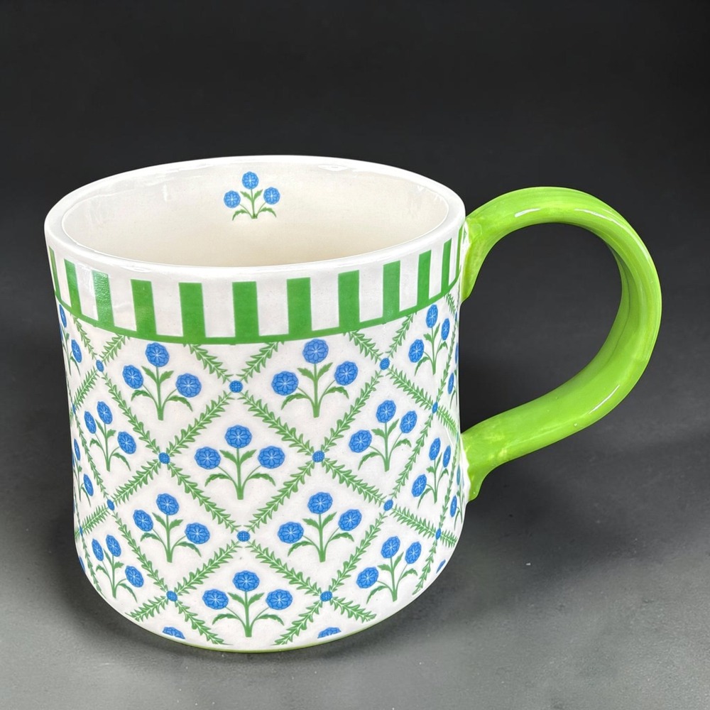 Potter's Studio Coffee Mug Blue Floral Trellis Green Striped Rim Ceramic 4inch